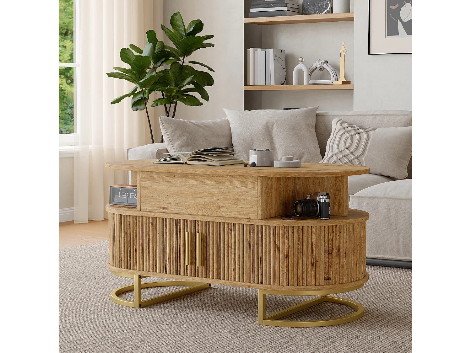 Table basse ovale à plateau relevable avec 2 portes coulissantes rainurées - MDF et métal - 100 x 50 x 64 cm - Bois naturel et doré