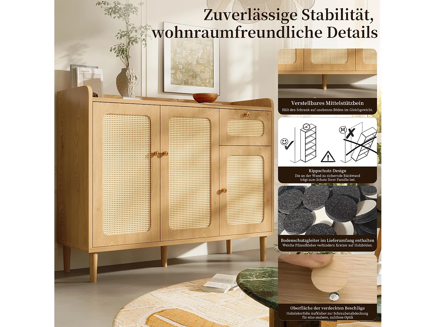 Buffet with 3 rattan doors, 1 drawer and adjustable shelves - MDF - 120 x 40 x 91 cm - Oak