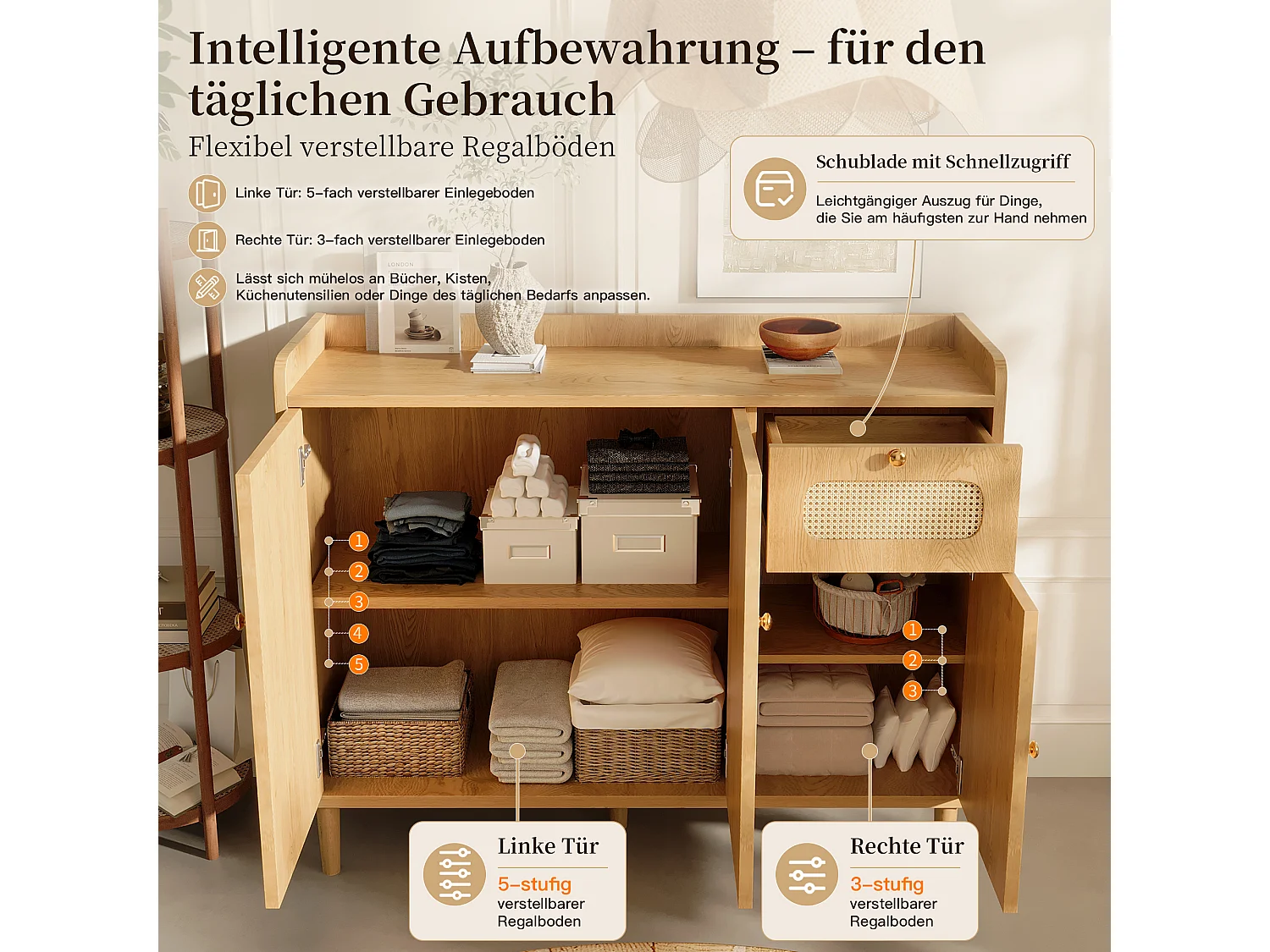Buffet with 3 rattan doors, 1 drawer and adjustable shelves - MDF - 120 x 40 x 91 cm - Oak