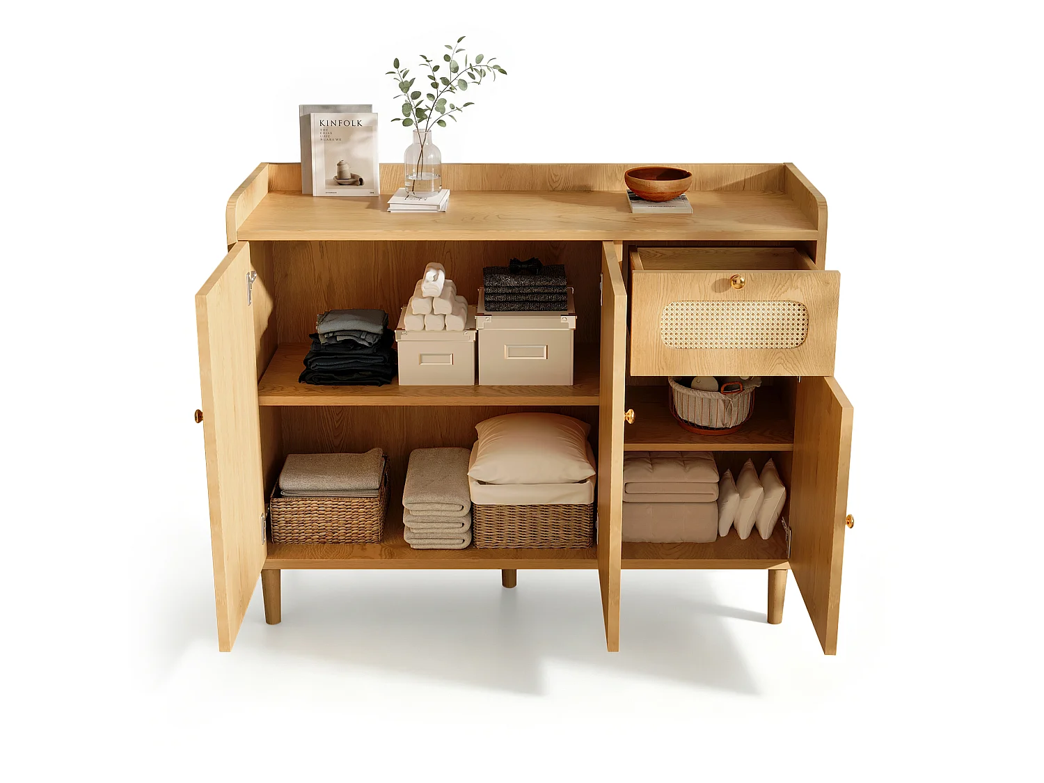 Buffet with 3 rattan doors, 1 drawer and adjustable shelves - MDF - 120 x 40 x 91 cm - Oak