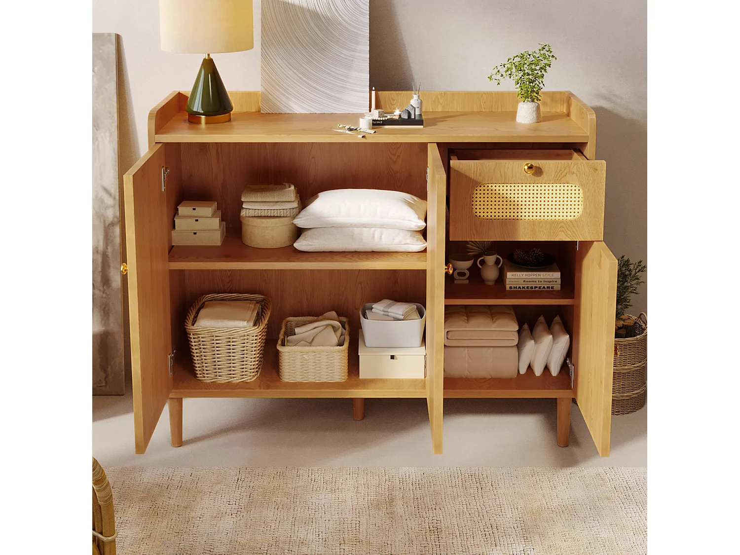 Buffet with 3 rattan doors, 1 drawer and adjustable shelves - MDF - 120 x 40 x 91 cm - Oak