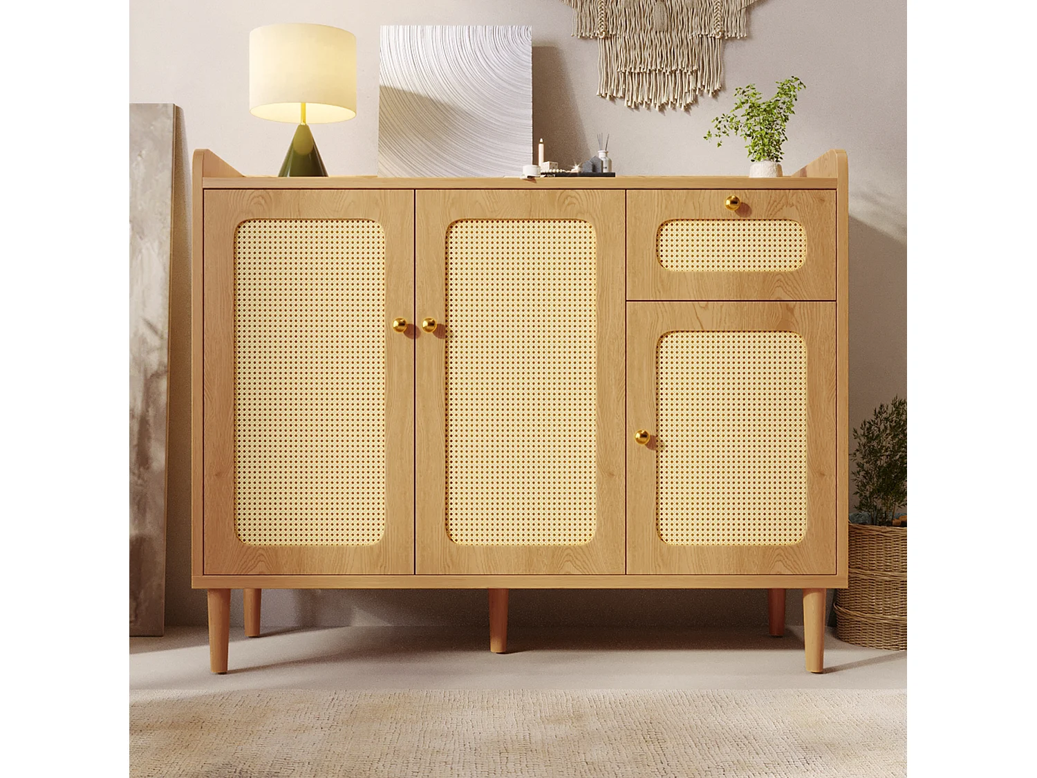 Buffet with 3 rattan doors, 1 drawer and adjustable shelves - MDF - 120 x 40 x 91 cm - Oak