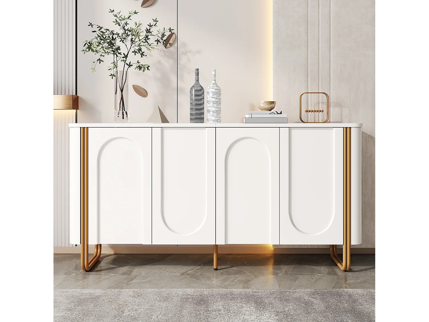 Low sideboard with 4 push-to-open doors, arched embossed fronts and adjustable shelves - MDF - 160 x 35 x 80.5 cm - White