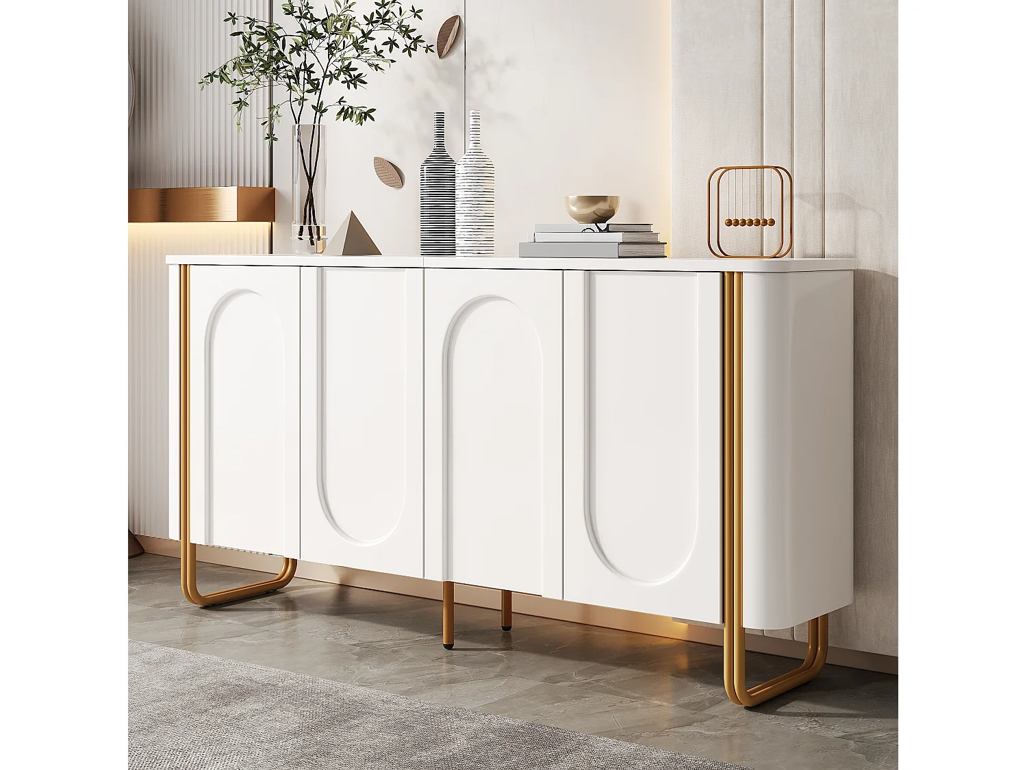 Low sideboard with 4 push-to-open doors, arched embossed fronts and adjustable shelves - MDF - 160 x 35 x 80.5 cm - White