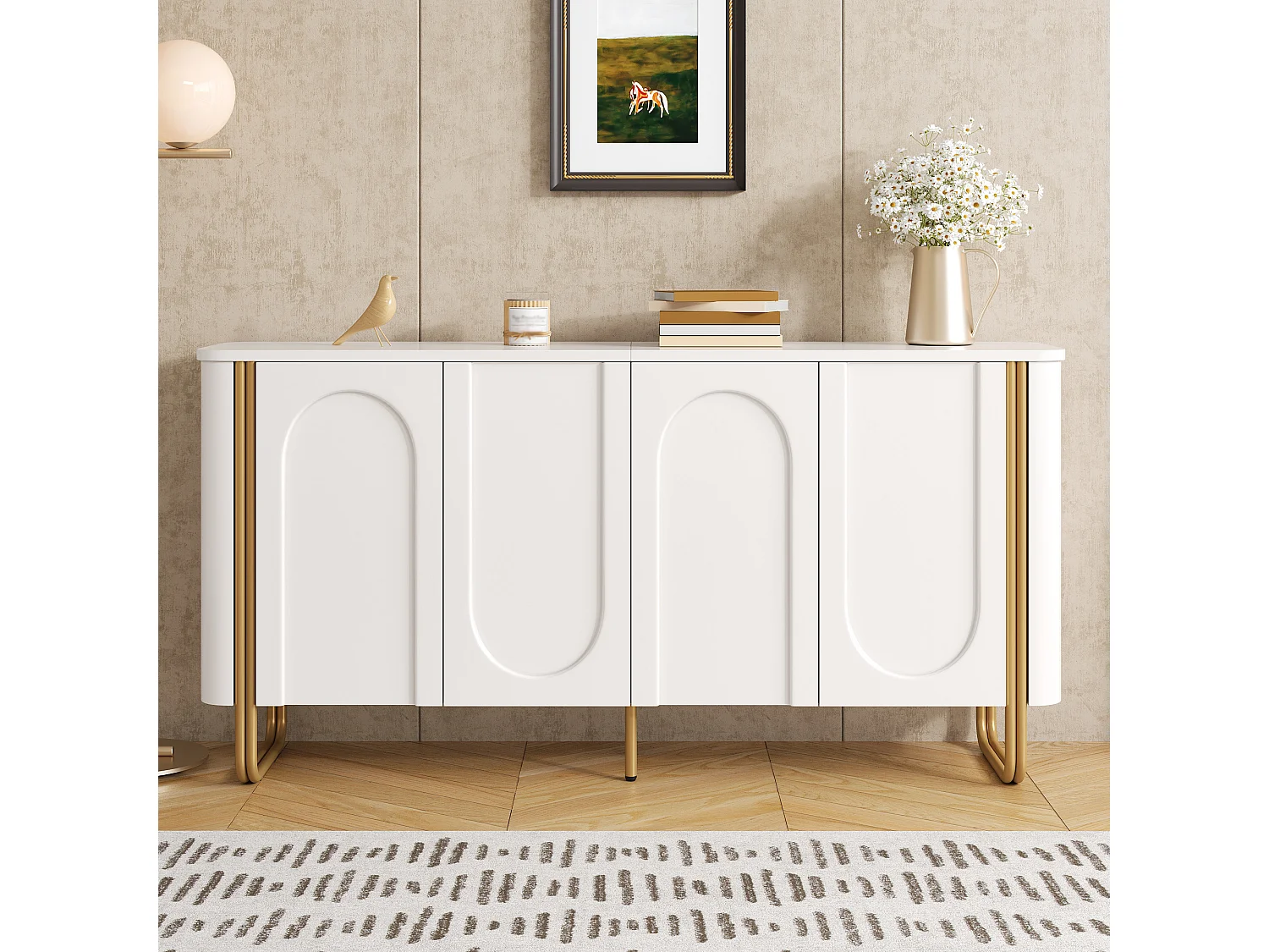 Low sideboard with 4 push-to-open doors, arched embossed fronts and adjustable shelves - MDF - 160 x 35 x 80.5 cm - White
