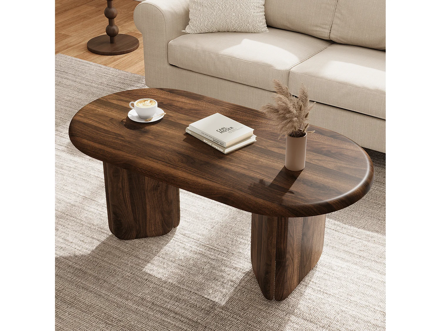 Oval coffee table with rounded legs - MDF - 99 x 50 x 40 cm - Walnut