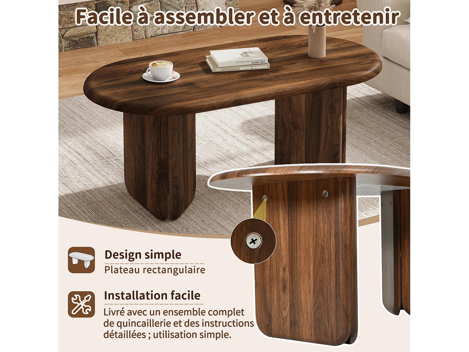 Oval coffee table with rounded legs - MDF - 99 x 50 x 40 cm - Walnut