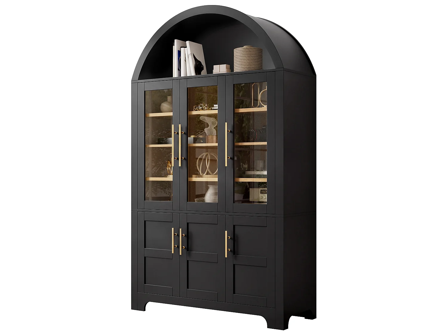 Hohes Sideboard mit 6 Türen, davon 3 mit Glasfront, und verstellbaren Einlegeböden – MDF und Spanplatte – 110 x 40 x 185 cm – Schwarz