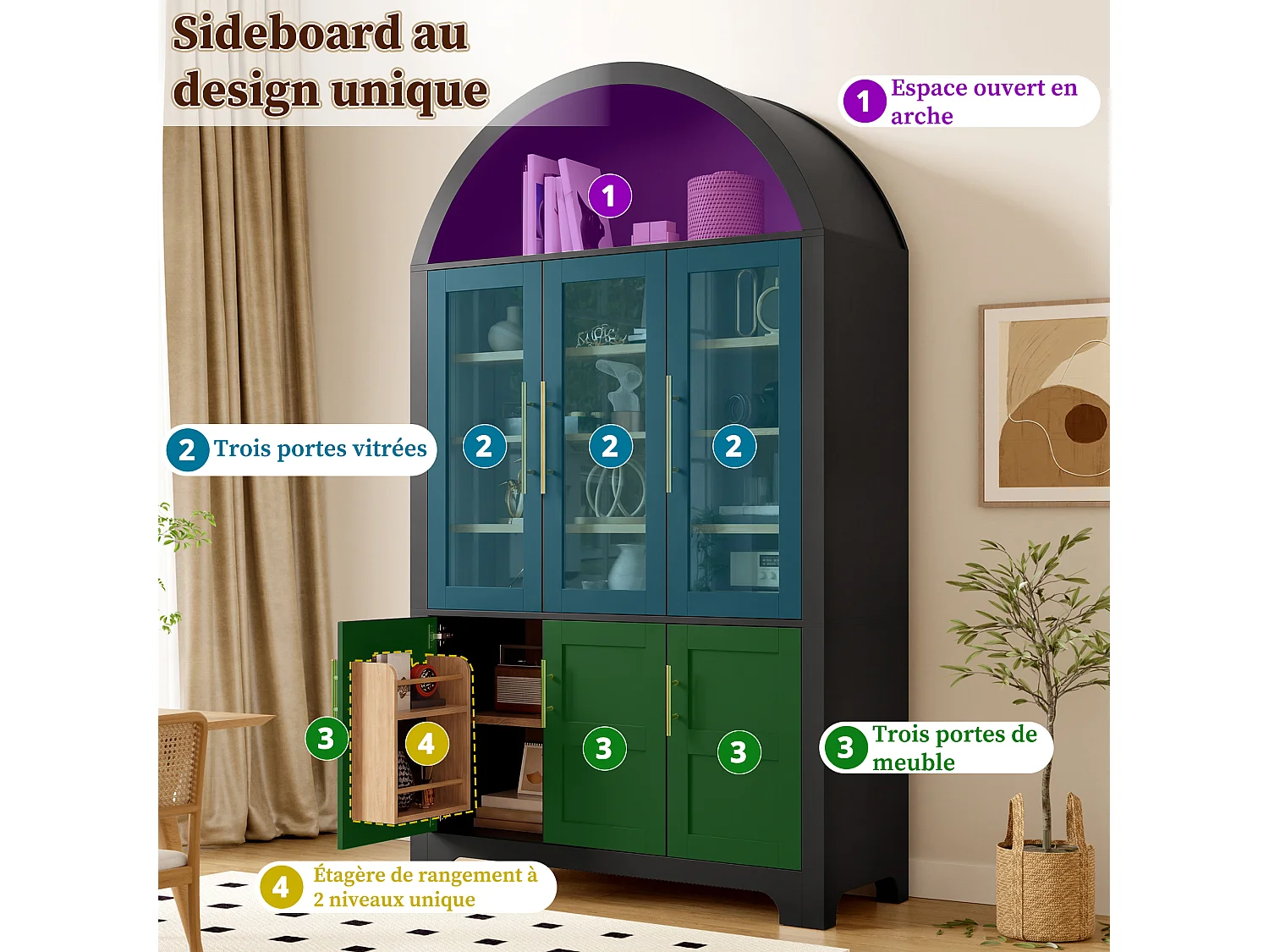 Hohes Sideboard mit 6 Türen, davon 3 mit Glasfront, und verstellbaren Einlegeböden – MDF und Spanplatte – 110 x 40 x 185 cm – Schwarz