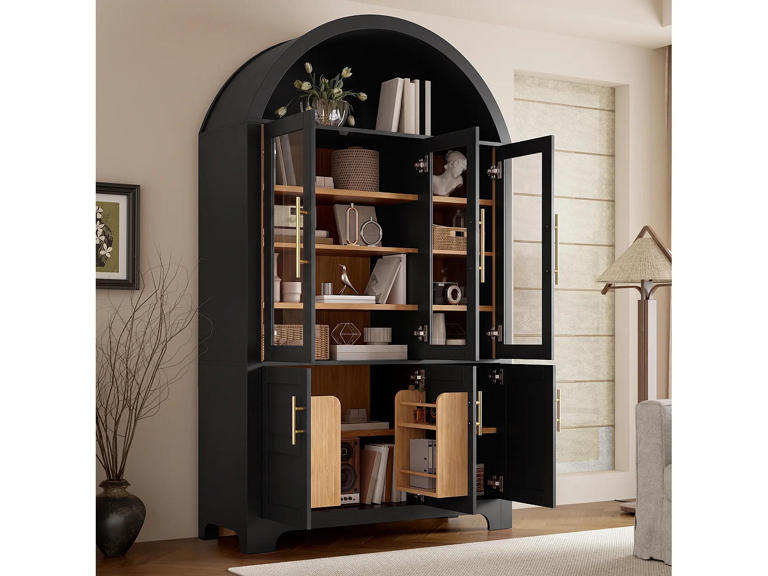 Hohes Sideboard mit 6 Türen, davon 3 mit Glasfront, und verstellbaren Einlegeböden – MDF und Spanplatte – 110 x 40 x 185 cm – Schwarz