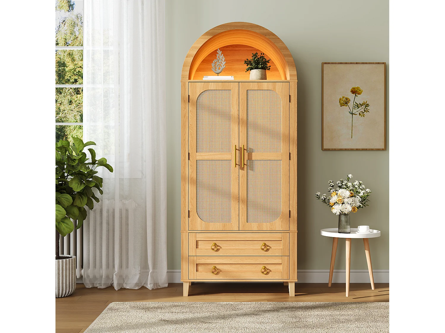 Högt skänk med välvd nisch, LED-belysning, 2 dörrar i rottinglook och 2 lådor - MDF och spånskiva - 76 x 40 x 179,5 cm - Naturfärgad