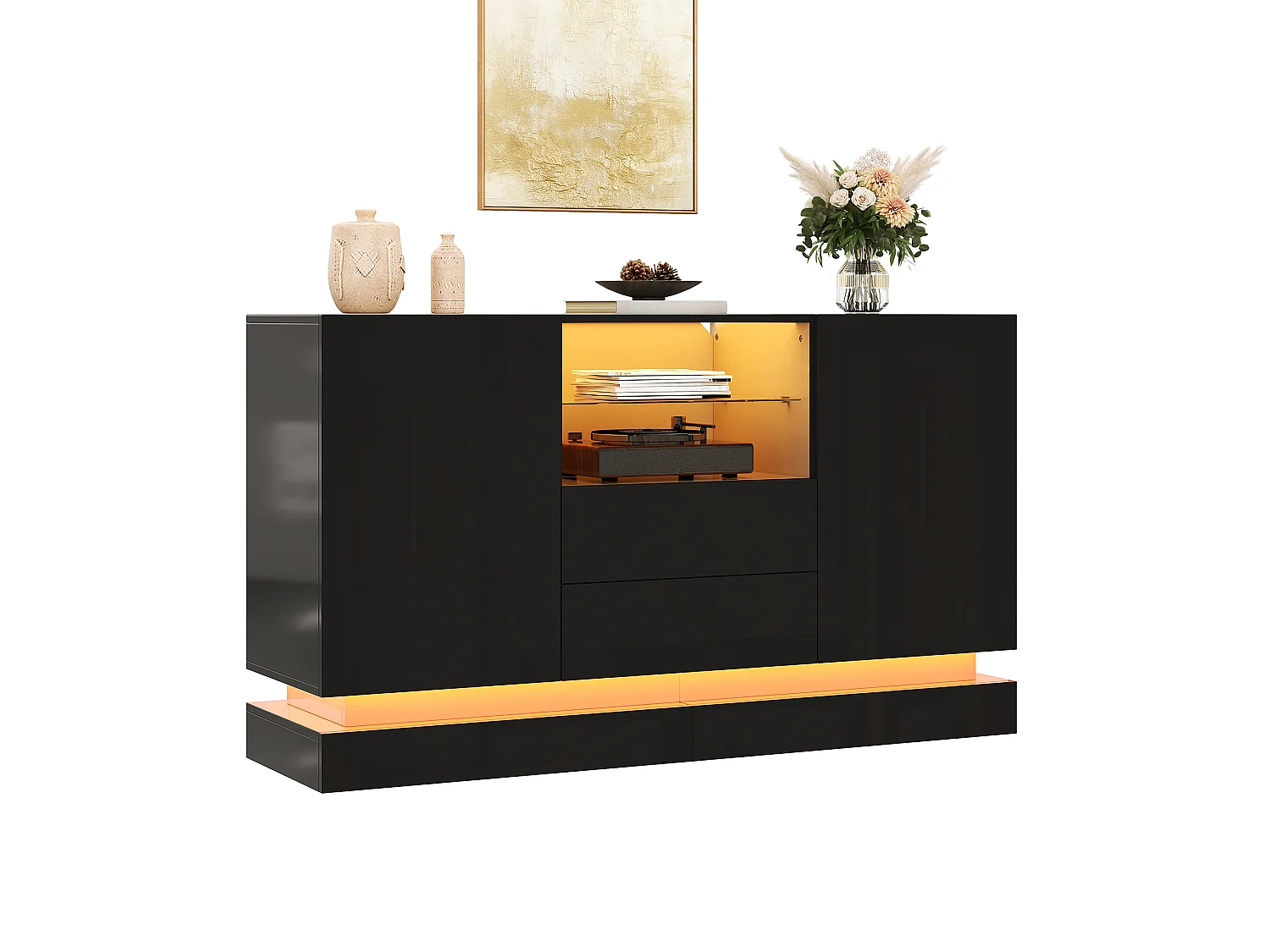 Low sideboard with 2 doors, 2 drawers, glass shelf and LED lighting - Particleboard - 140 x 40 x 80 cm - Black