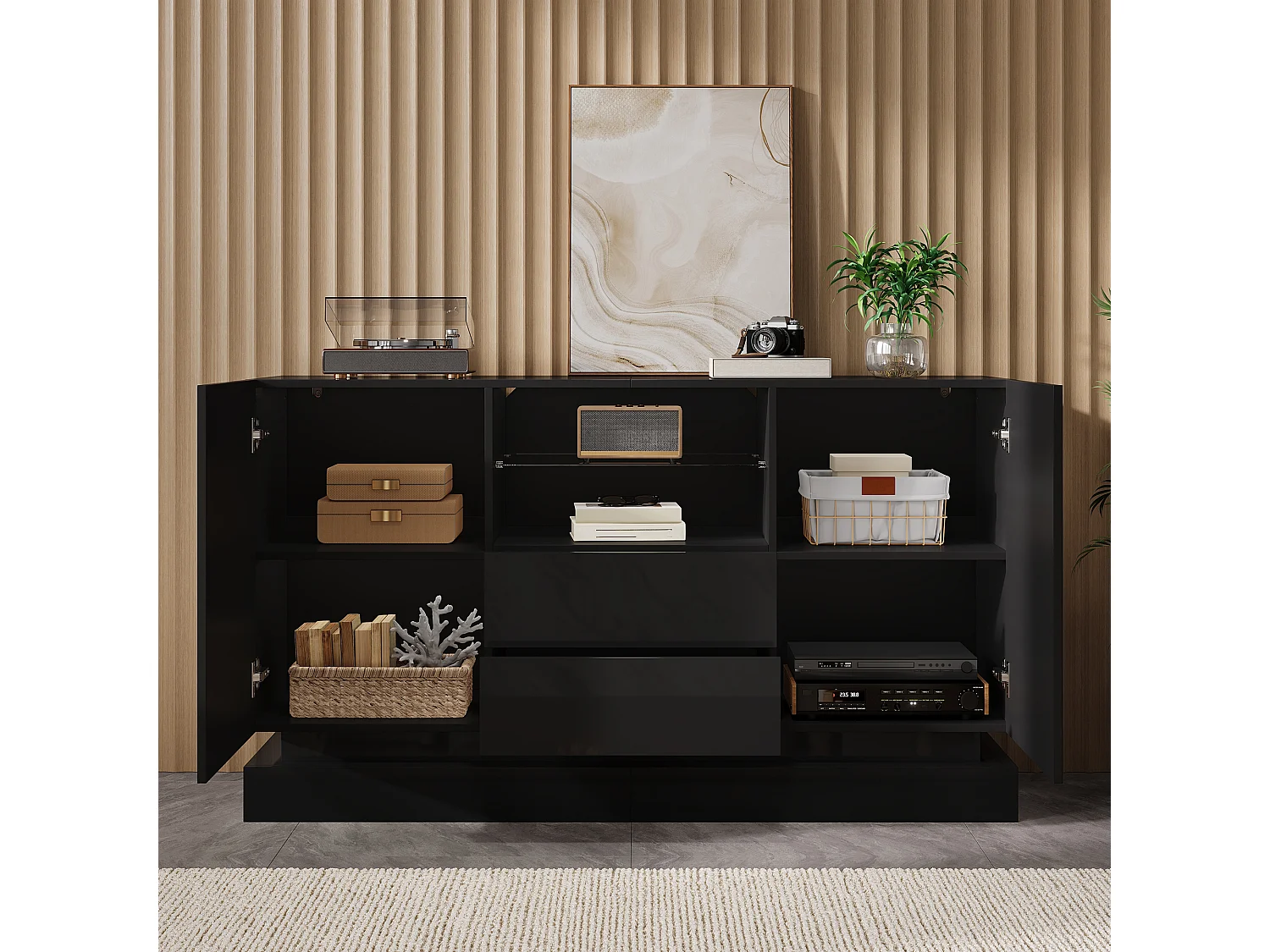 Low sideboard with 2 doors, 2 drawers, glass shelf and LED lighting - Particleboard - 140 x 40 x 80 cm - Black