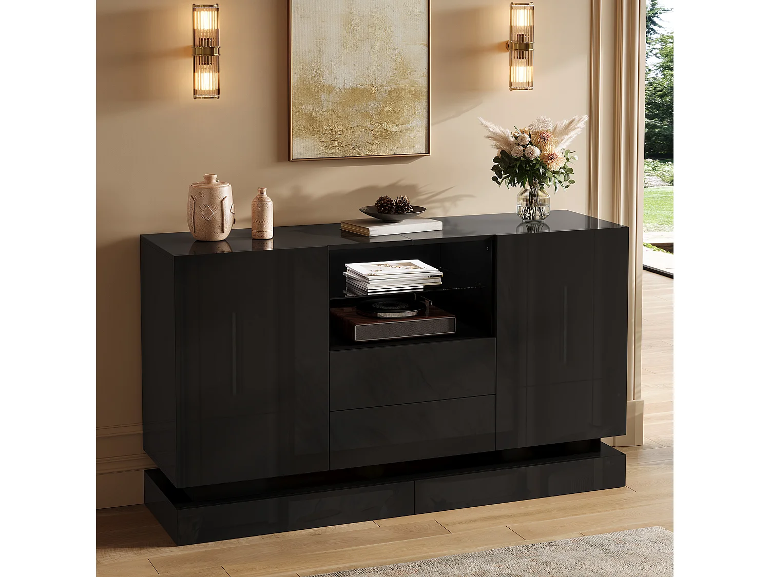 Low sideboard with 2 doors, 2 drawers, glass shelf and LED lighting - Particleboard - 140 x 40 x 80 cm - Black