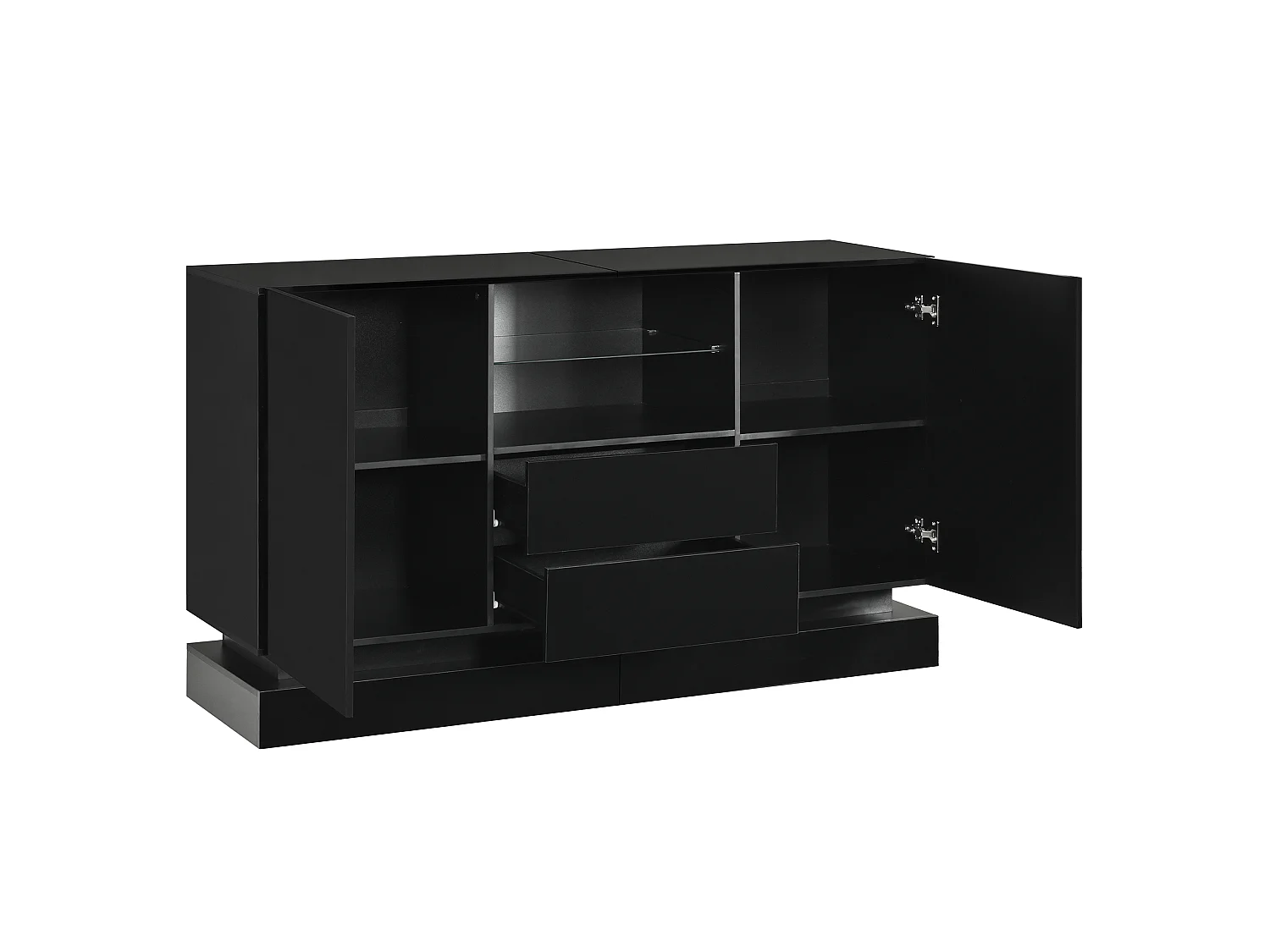 Low sideboard with 2 doors, 2 drawers, glass shelf and LED lighting - Particleboard - 140 x 40 x 80 cm - Black