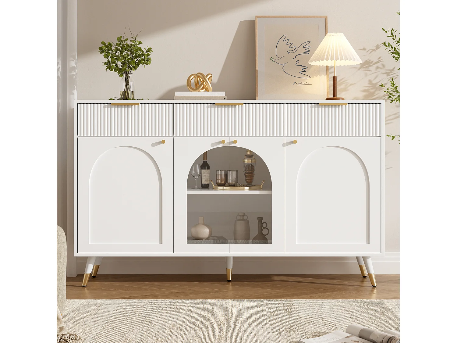 Sideboard with 4 doors with acrylic inserts, 3 drawers and shelves - MDF and particleboard - 140 x 40 x 85.5 cm - White