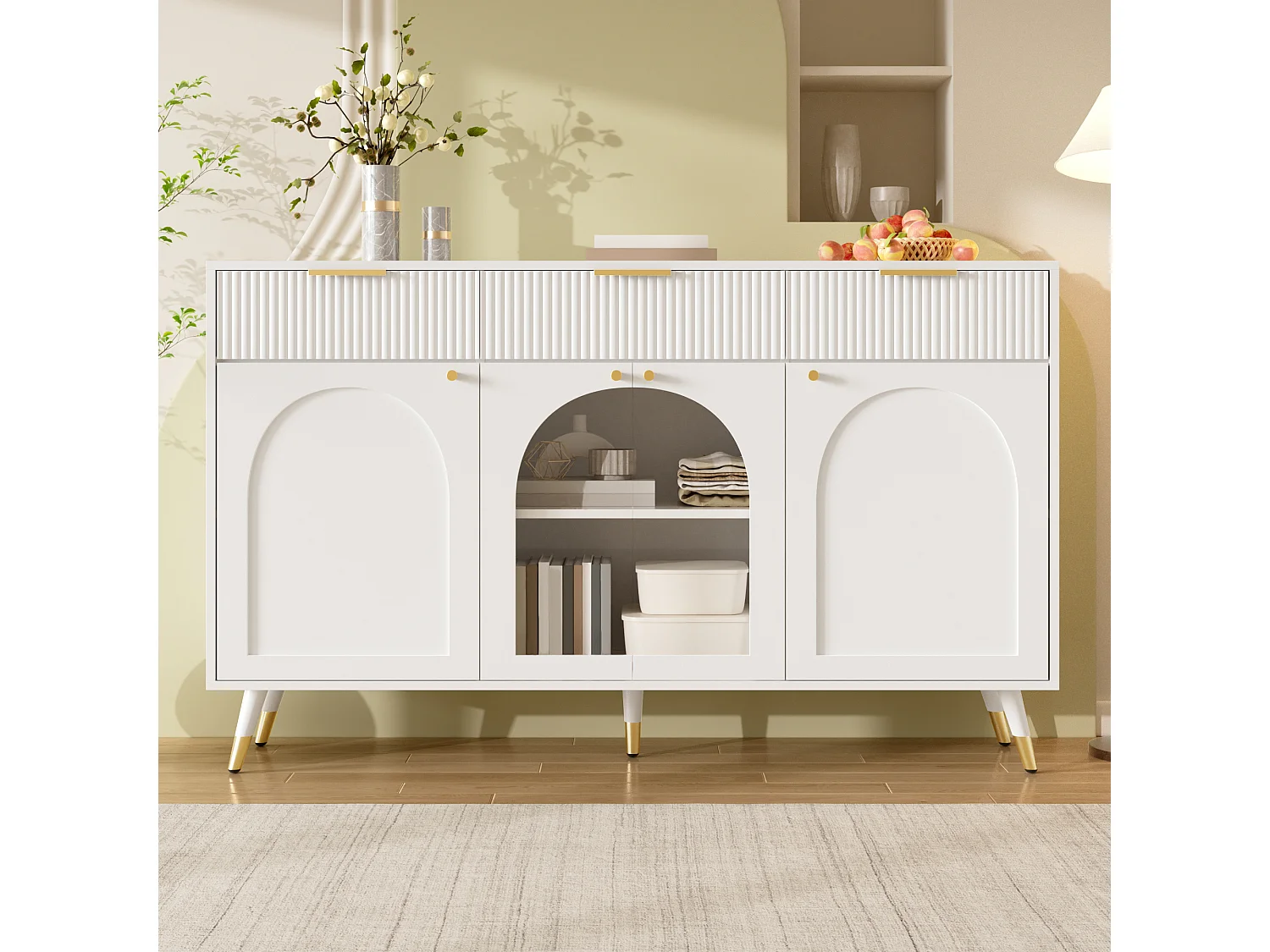 Sideboard with 4 doors with acrylic inserts, 3 drawers and shelves - MDF and particleboard - 140 x 40 x 85.5 cm - White