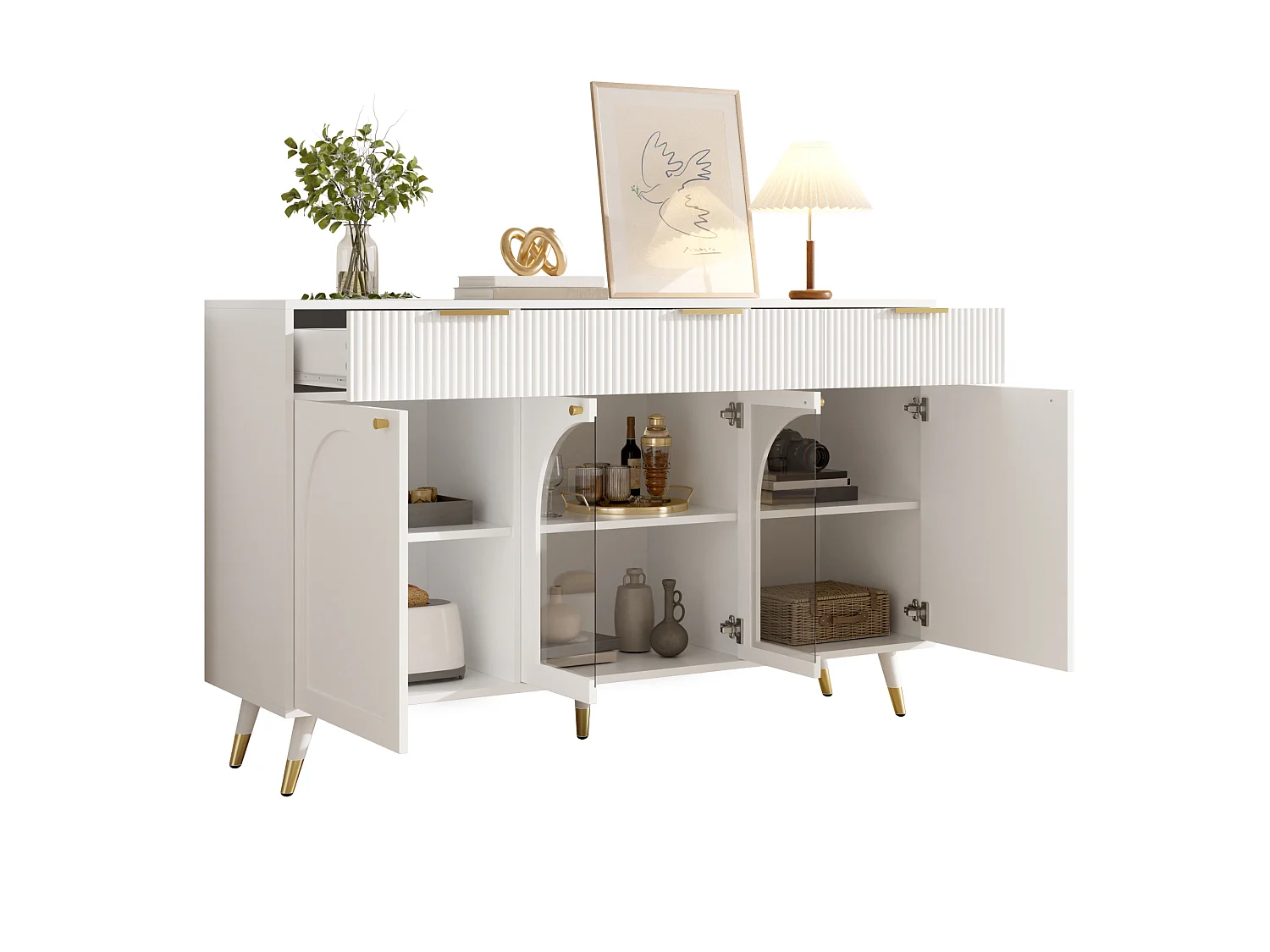 Sideboard with 4 doors with acrylic inserts, 3 drawers and shelves - MDF and particleboard - 140 x 40 x 85.5 cm - White
