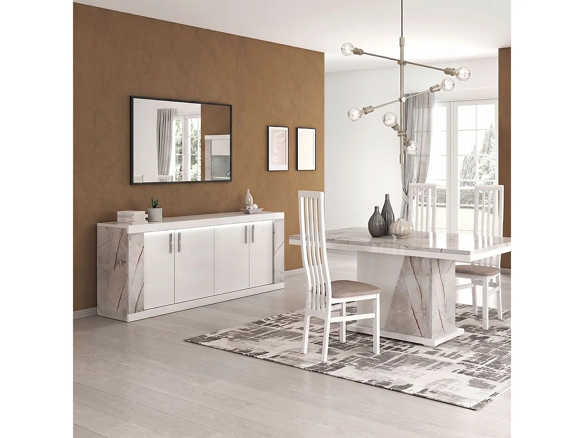 Buffet 4 portes + Led blanc et aspect marbre gris-brun - NERVY