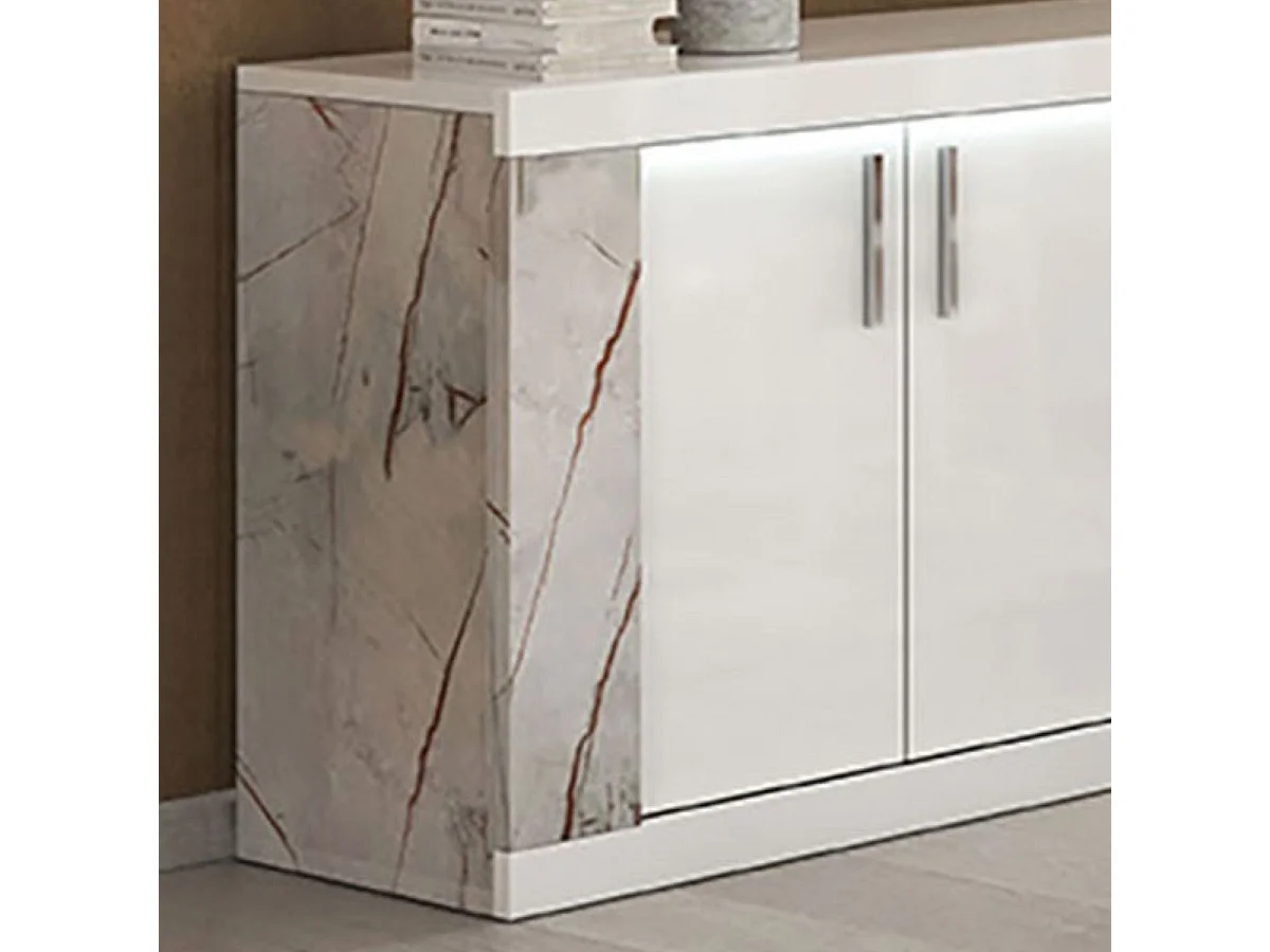 Buffet 4 portes + Led blanc et aspect marbre gris-brun - NERVY