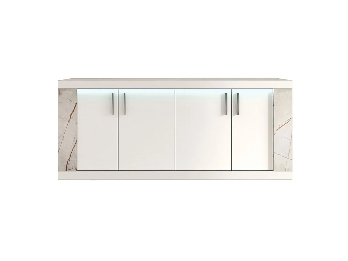 Buffet 4 portes + Led blanc et aspect marbre gris-brun - NERVY