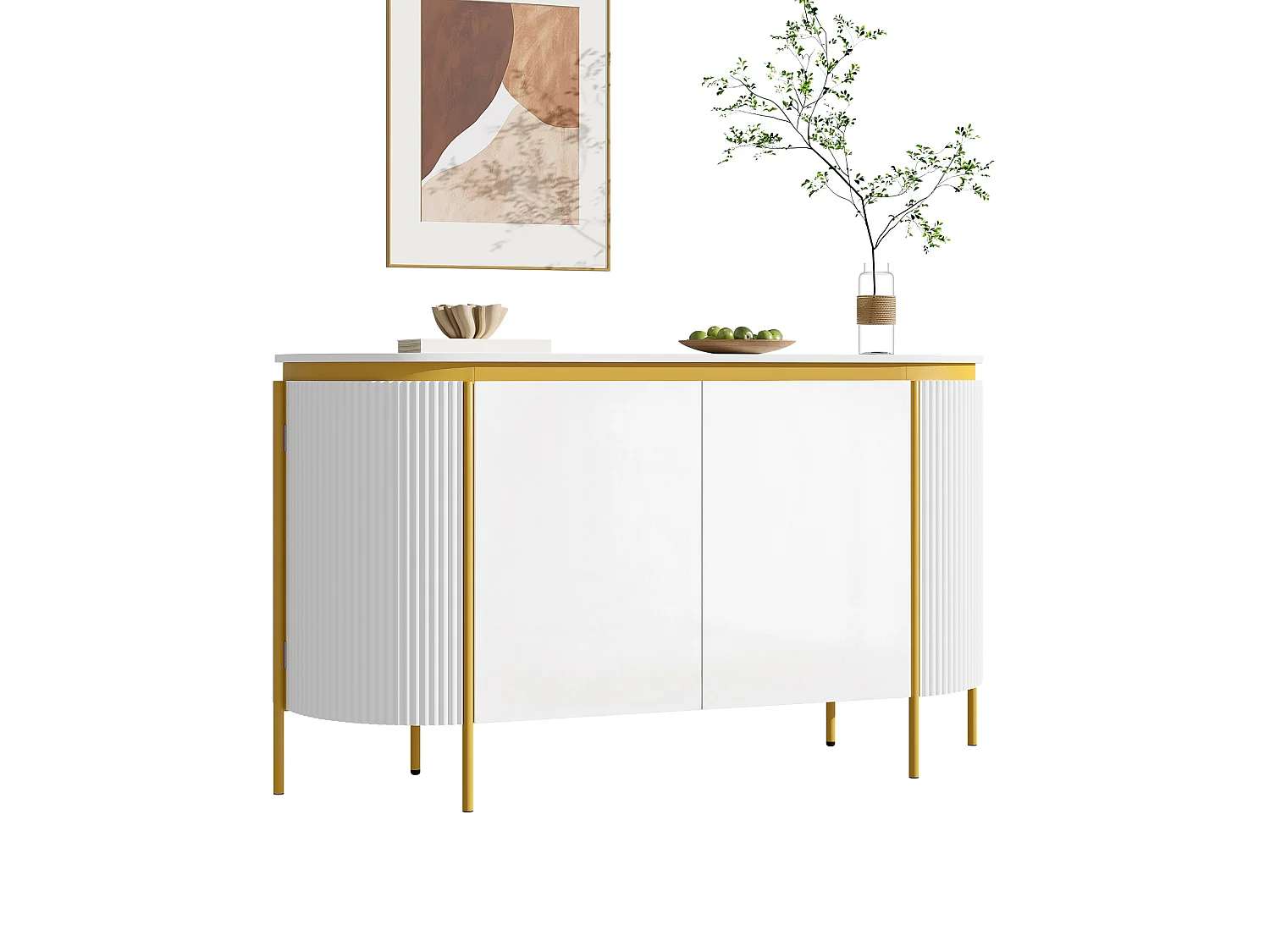 Low sideboard with 4 doors, including 2 fluted side doors with rounded ends - MDF - 140 x 38 x 80 cm - White