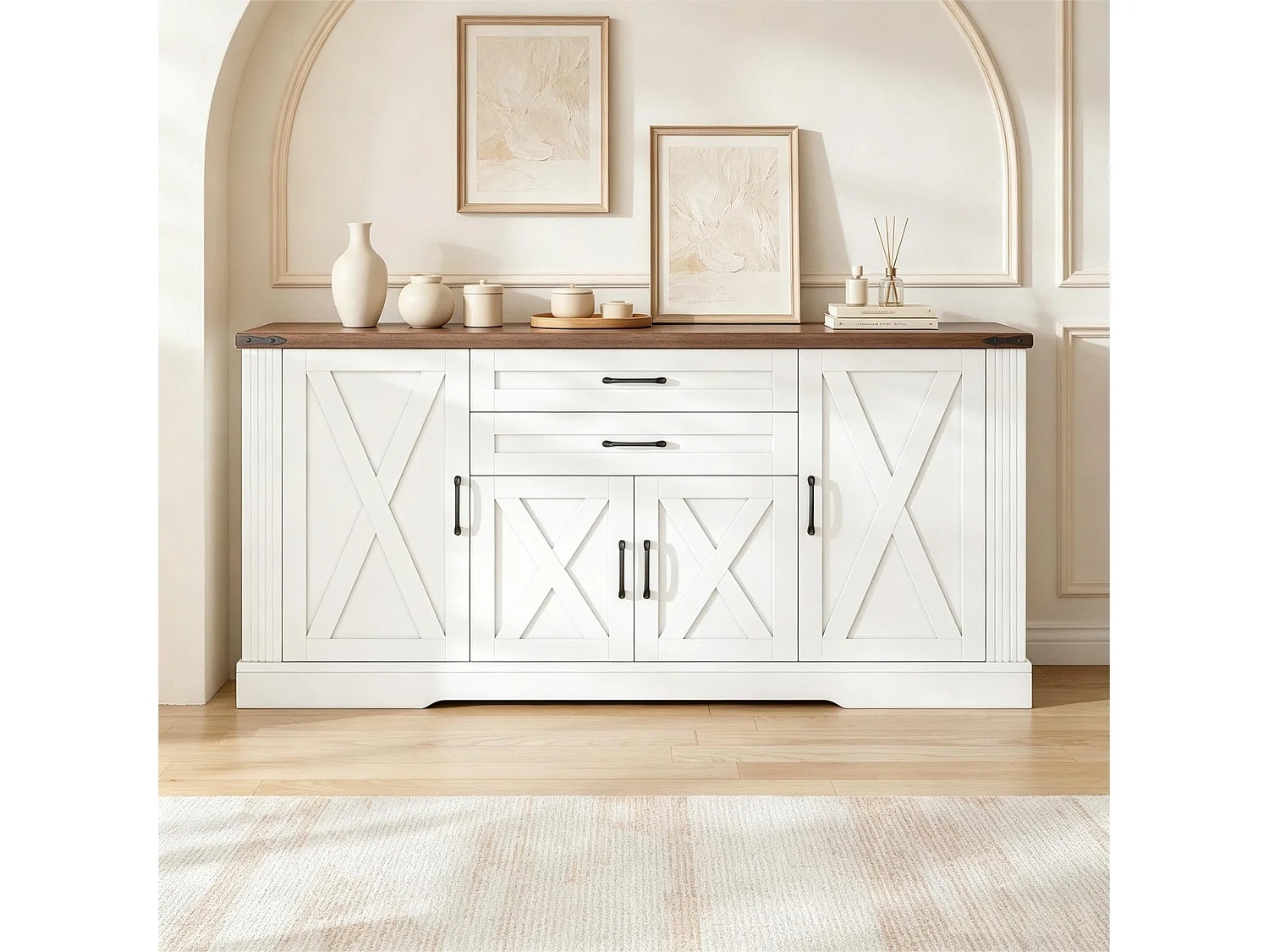Sideboard with 4 doors, 2 drawers and adjustable shelves - MDF and particleboard - 160 x 39 x 81.5 cm - White and walnut