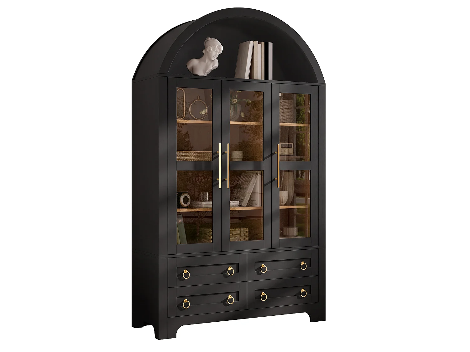 Hohes Sideboard mit 3 Glastüren, 4 Schubladen und einer offenen, gewölbten Nische – MDF und Spanplatte – 110 x 40 x 185 cm – Schwarz