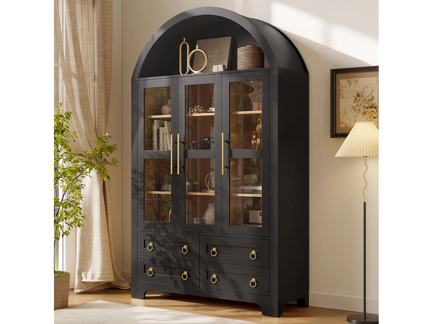 Hohes Sideboard mit 3 Glastüren, 4 Schubladen und einer offenen, gewölbten Nische – MDF und Spanplatte – 110 x 40 x 185 cm – Schwarz