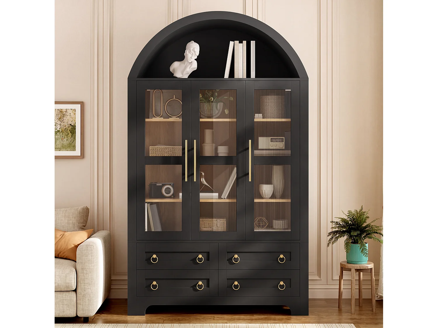 Hohes Sideboard mit 3 Glastüren, 4 Schubladen und einer offenen, gewölbten Nische – MDF und Spanplatte – 110 x 40 x 185 cm – Schwarz