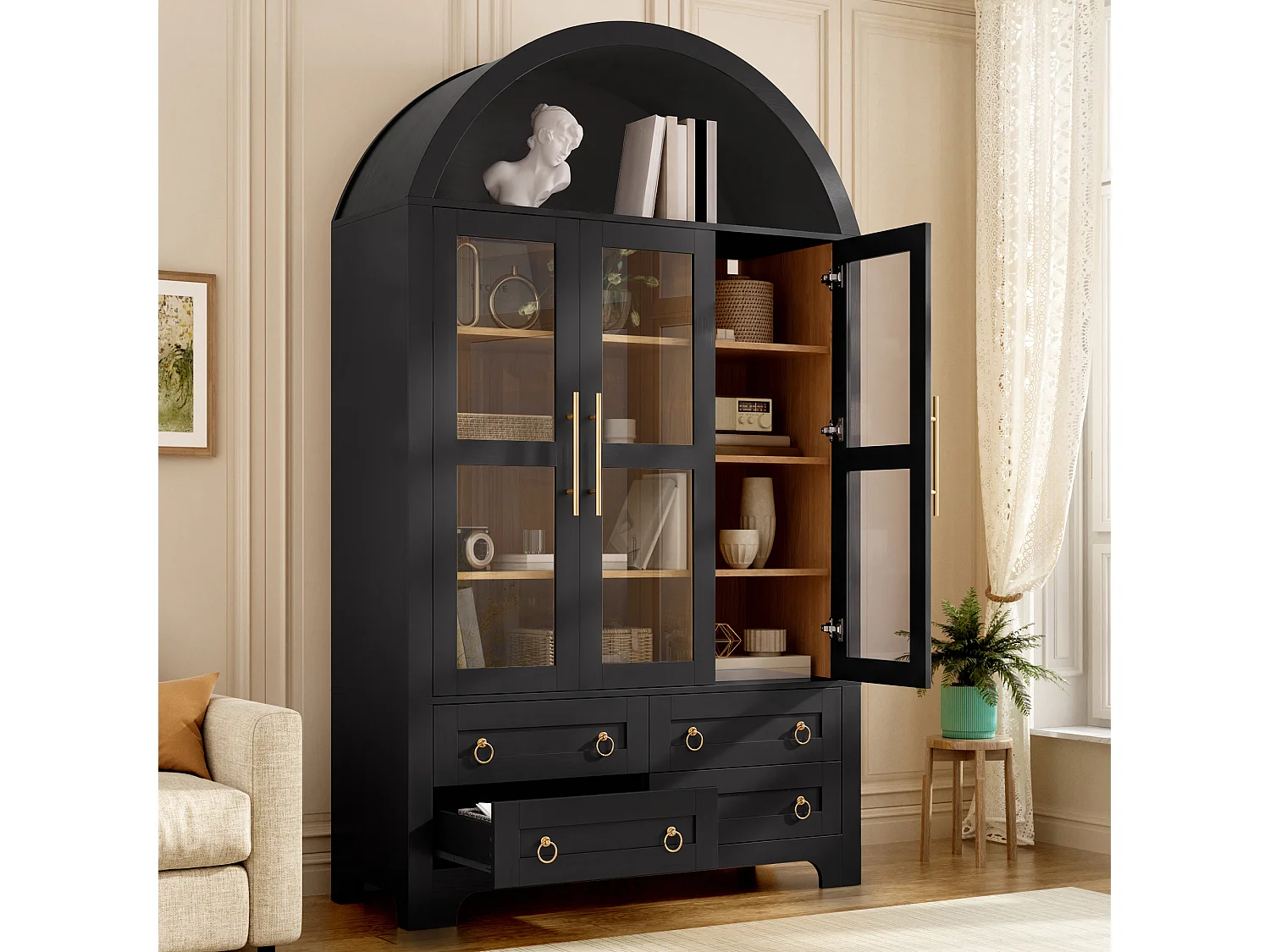 Hohes Sideboard mit 3 Glastüren, 4 Schubladen und einer offenen, gewölbten Nische – MDF und Spanplatte – 110 x 40 x 185 cm – Schwarz