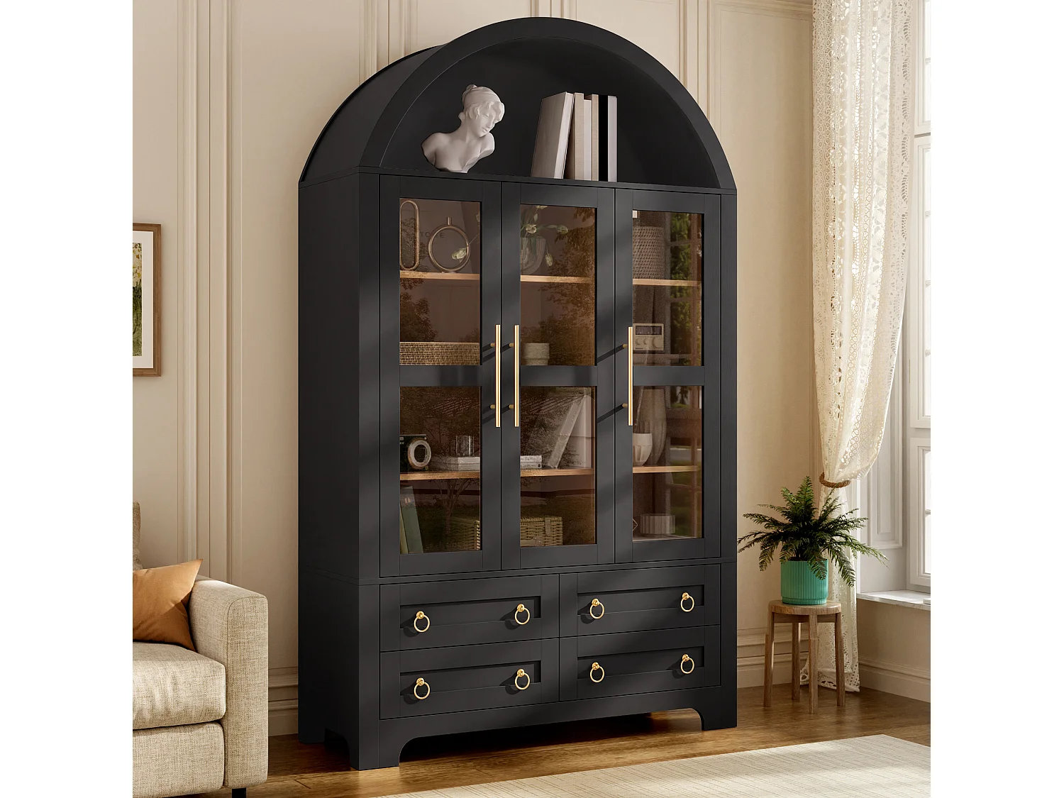 Hohes Sideboard mit 3 Glastüren, 4 Schubladen und einer offenen, gewölbten Nische – MDF und Spanplatte – 110 x 40 x 185 cm – Schwarz