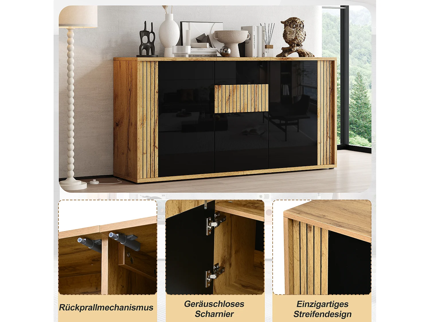 Dressoir met 3 deuren en 6 vakken - MDF en spaanplaat - 140 x 35 x 71 cm - Zwart en naturel hout
