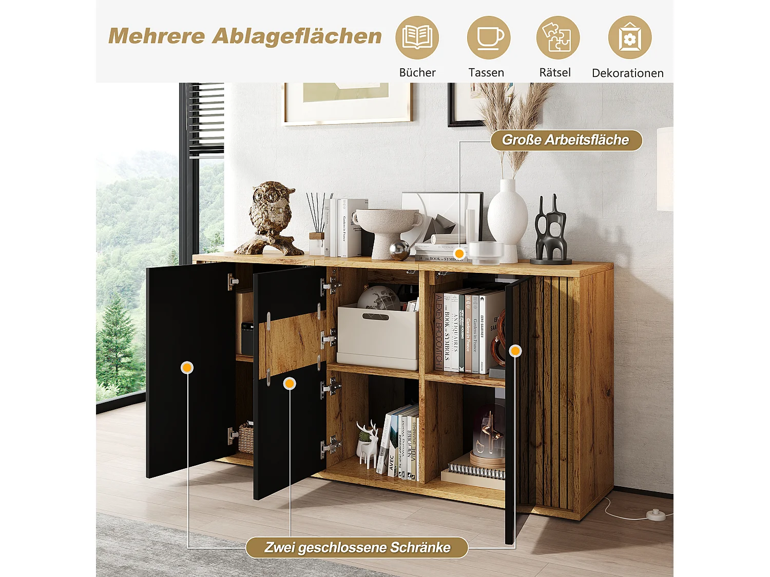 Dressoir met 3 deuren en 6 vakken - MDF en spaanplaat - 140 x 35 x 71 cm - Zwart en naturel hout