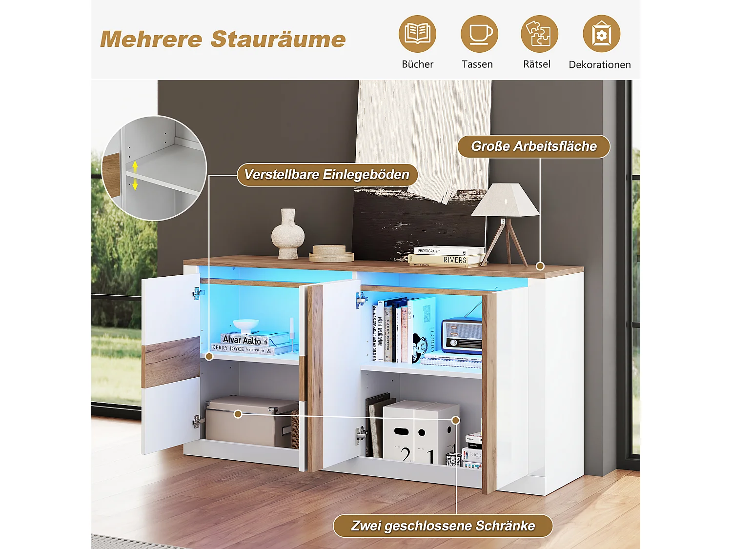 Aparador com 4 portas, prateleiras ajustáveis e iluminação LED RGB - MDF - 140 x 35 x 70 cm - Branco e madeira natural