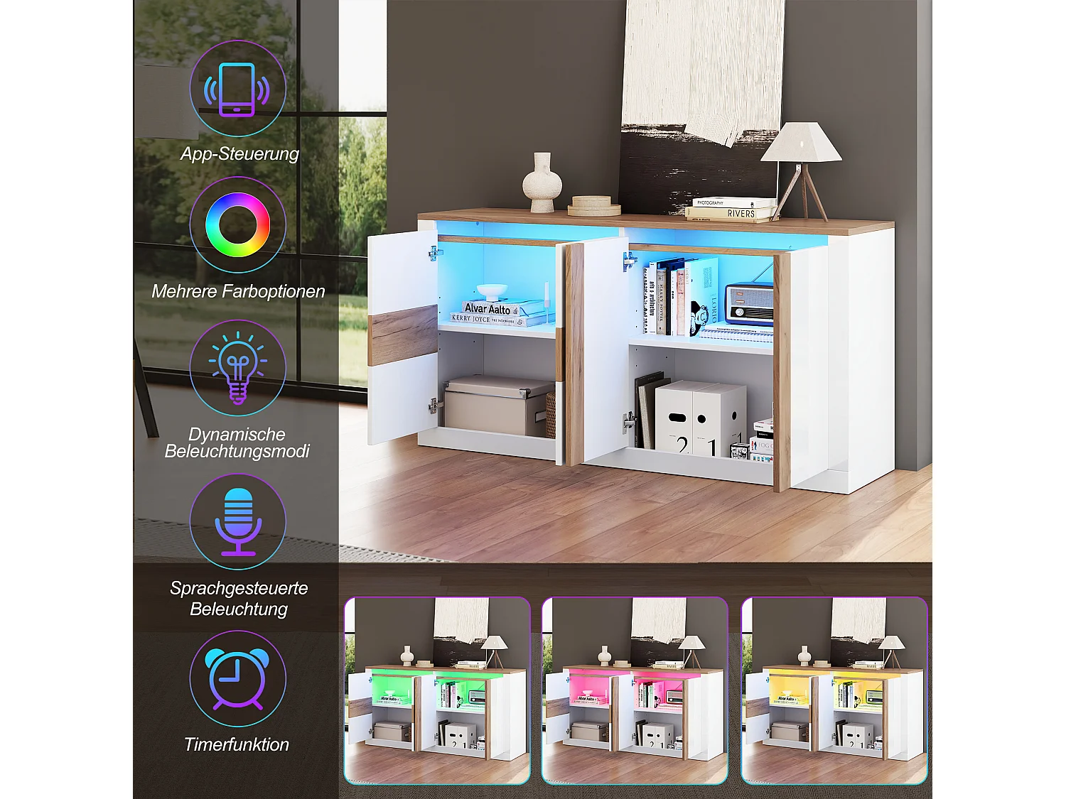 Aparador com 4 portas, prateleiras ajustáveis e iluminação LED RGB - MDF - 140 x 35 x 70 cm - Branco e madeira natural