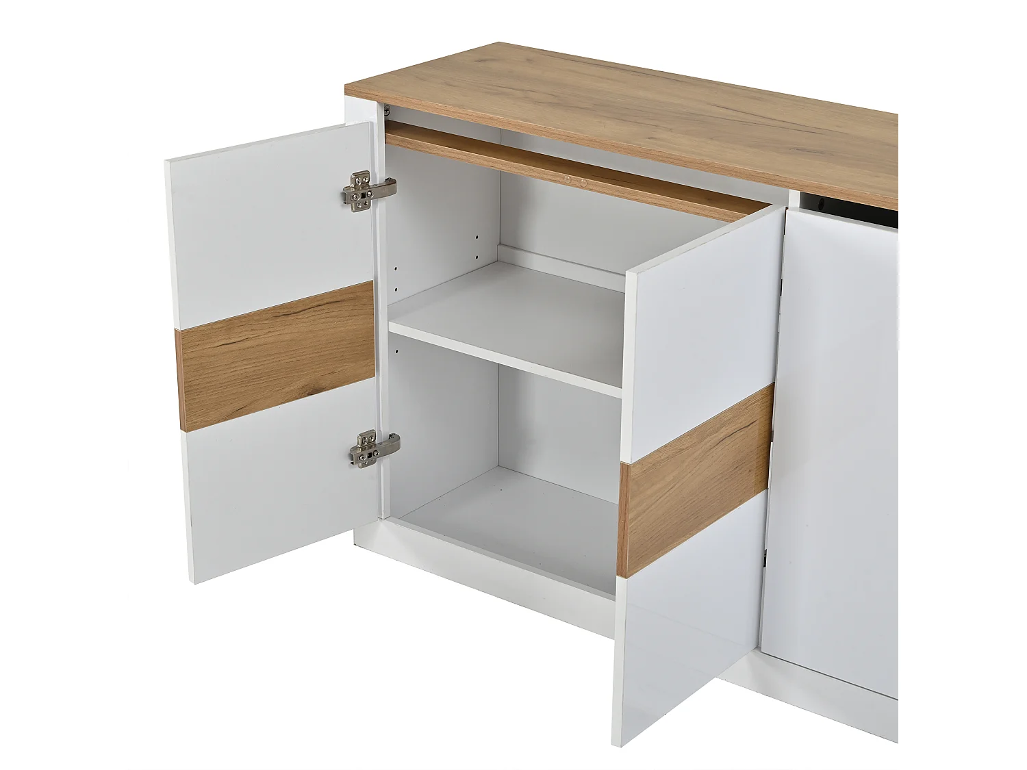 Aparador com 4 portas, prateleiras ajustáveis e iluminação LED RGB - MDF - 140 x 35 x 70 cm - Branco e madeira natural