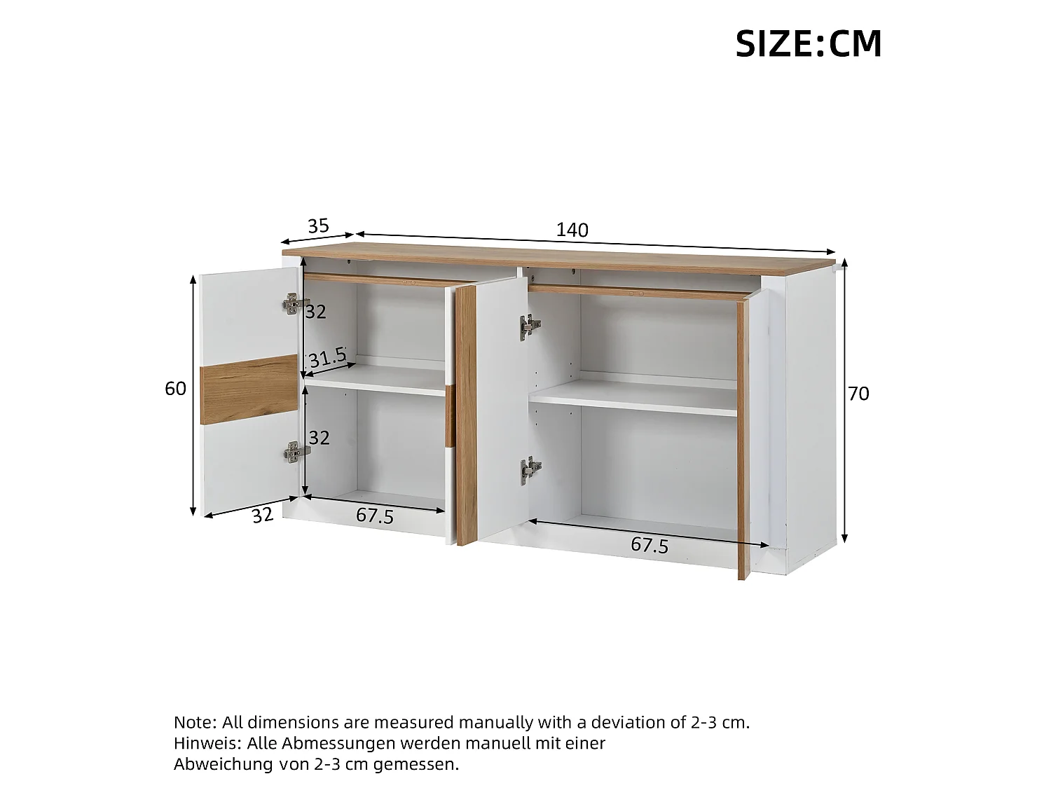 Aparador com 4 portas, prateleiras ajustáveis e iluminação LED RGB - MDF - 140 x 35 x 70 cm - Branco e madeira natural