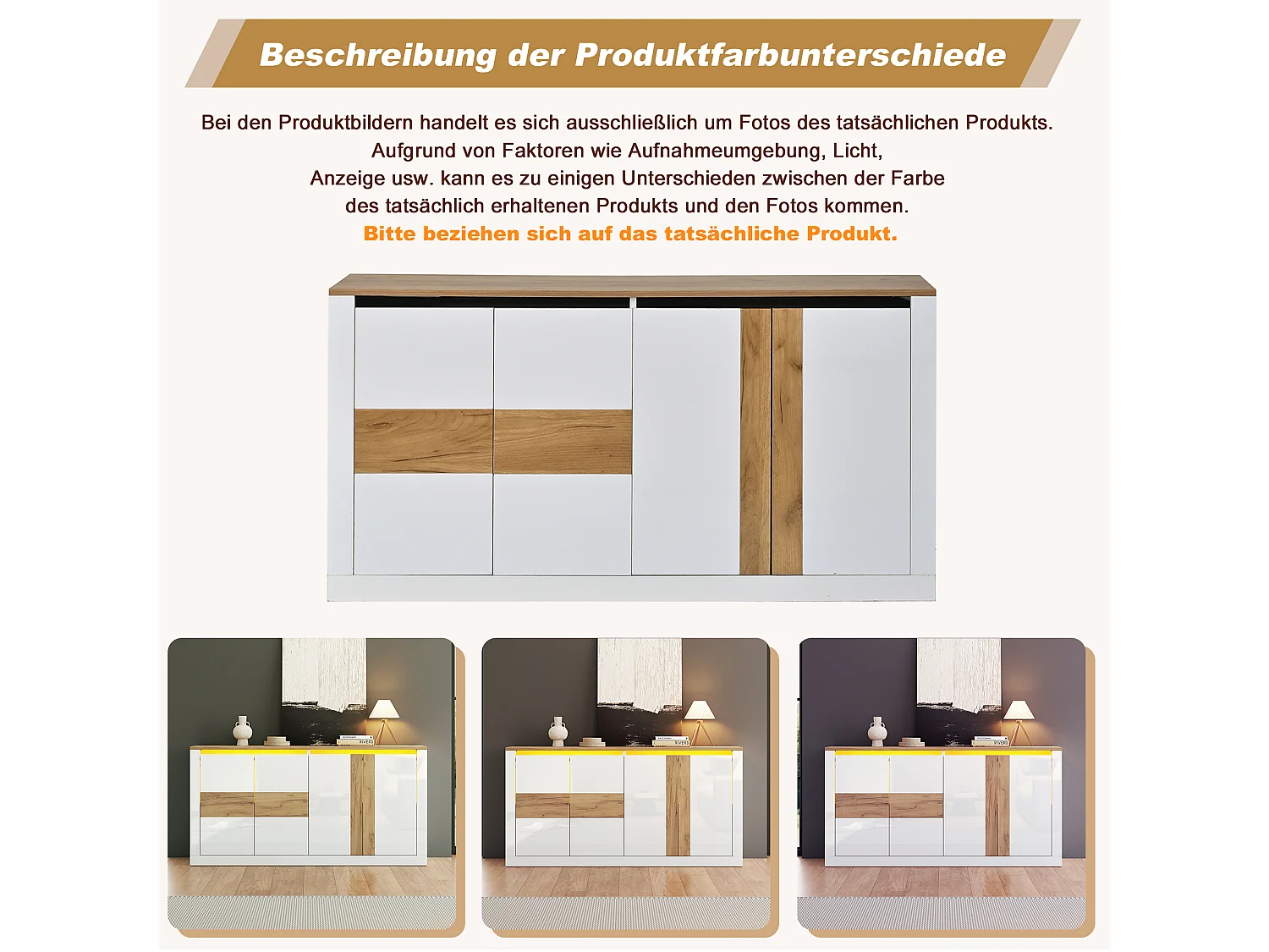 Aparador com 4 portas, prateleiras ajustáveis e iluminação LED RGB - MDF - 140 x 35 x 70 cm - Branco e madeira natural