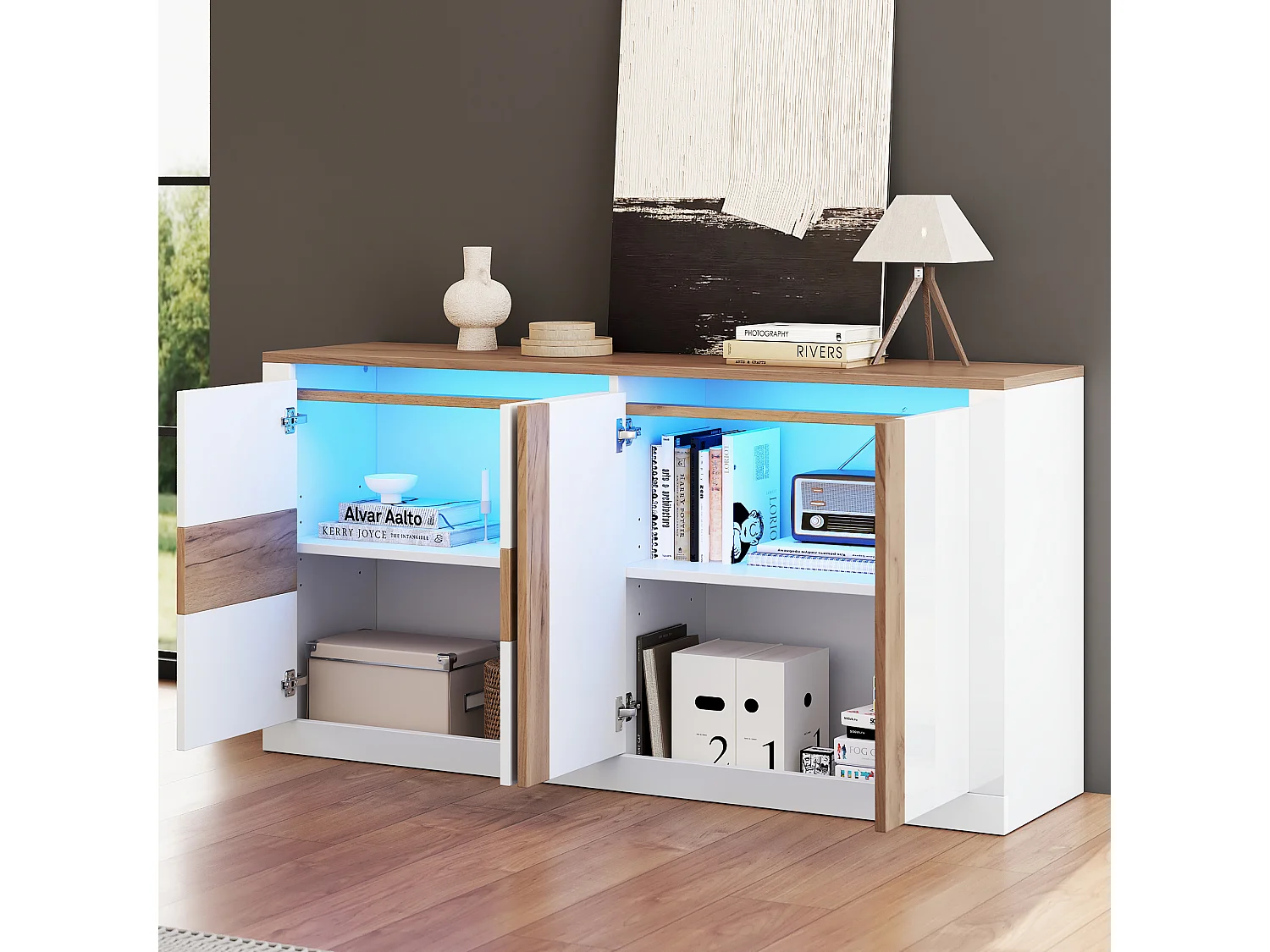 Aparador com 4 portas, prateleiras ajustáveis e iluminação LED RGB - MDF - 140 x 35 x 70 cm - Branco e madeira natural