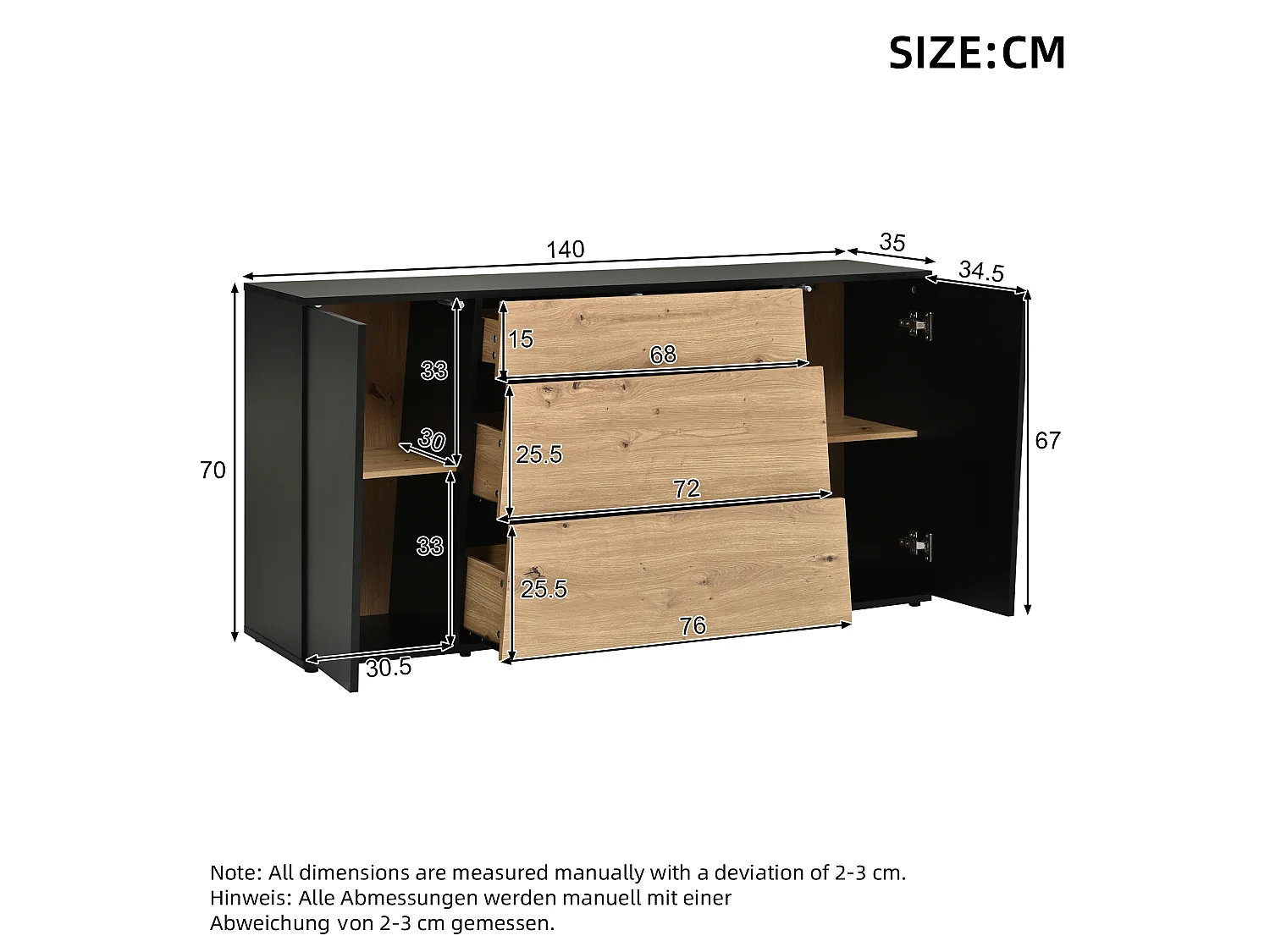 Dressoir met 2 deuren, 3 lades en verstelbare planken - MDF - 140 x 35 x 70 cm - Zwart en hout
