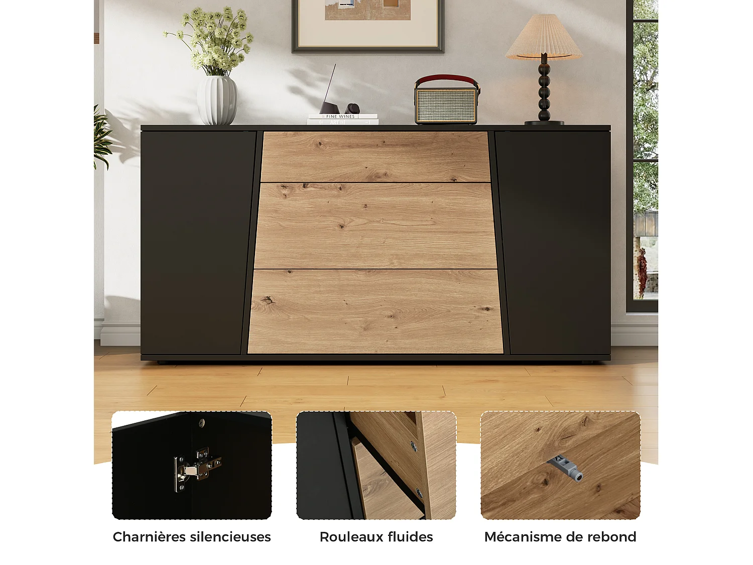 Dressoir met 2 deuren, 3 lades en verstelbare planken - MDF - 140 x 35 x 70 cm - Zwart en hout