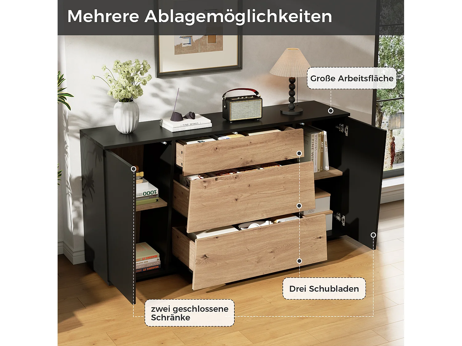 Dressoir met 2 deuren, 3 lades en verstelbare planken - MDF - 140 x 35 x 70 cm - Zwart en hout