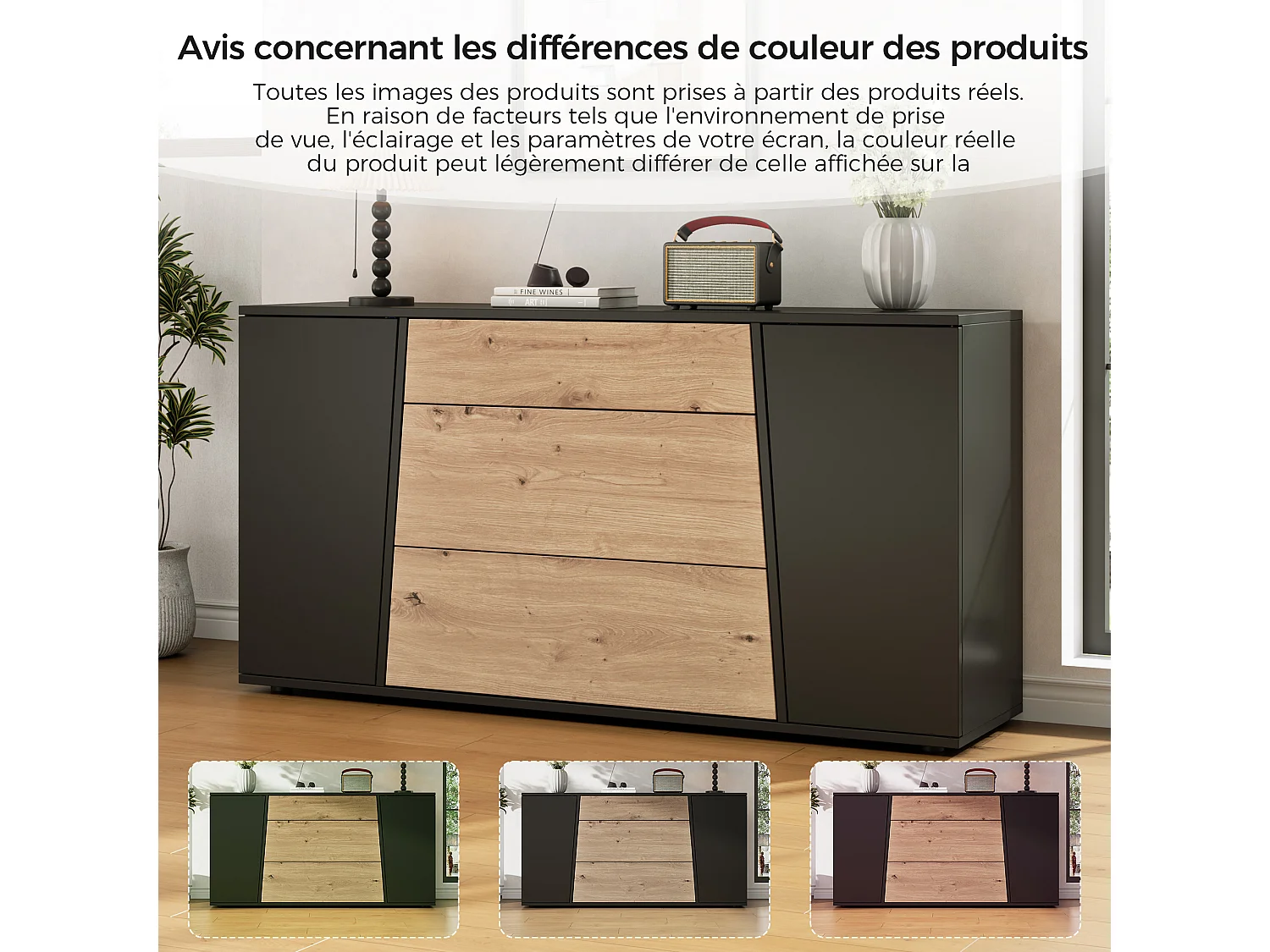 Dressoir met 2 deuren, 3 lades en verstelbare planken - MDF - 140 x 35 x 70 cm - Zwart en hout