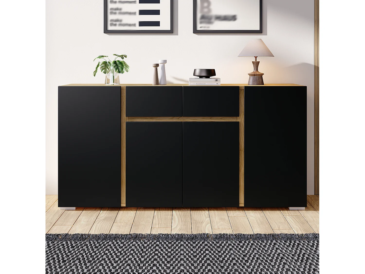 Laag dressoir met 4 deuren, 2 lades en verstelbare planken - MDF - 140 x 35 x 70 cm - Zwart en naturel hout