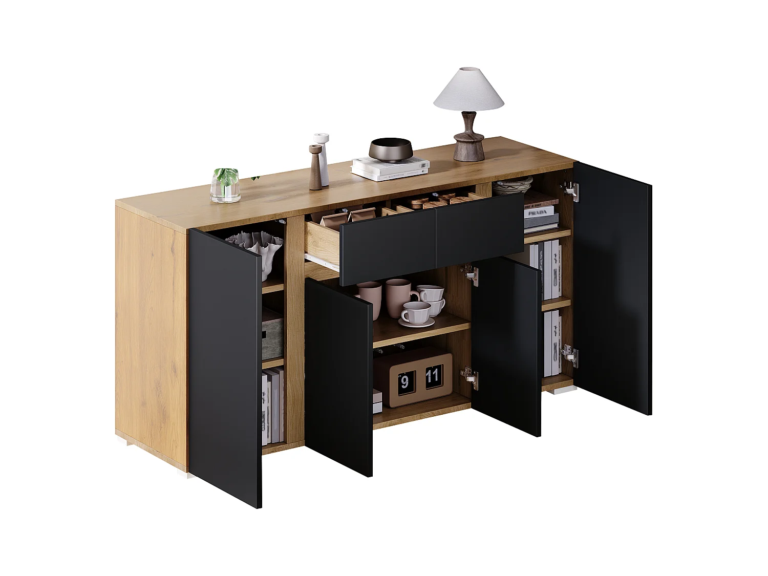 Laag dressoir met 4 deuren, 2 lades en verstelbare planken - MDF - 140 x 35 x 70 cm - Zwart en naturel hout