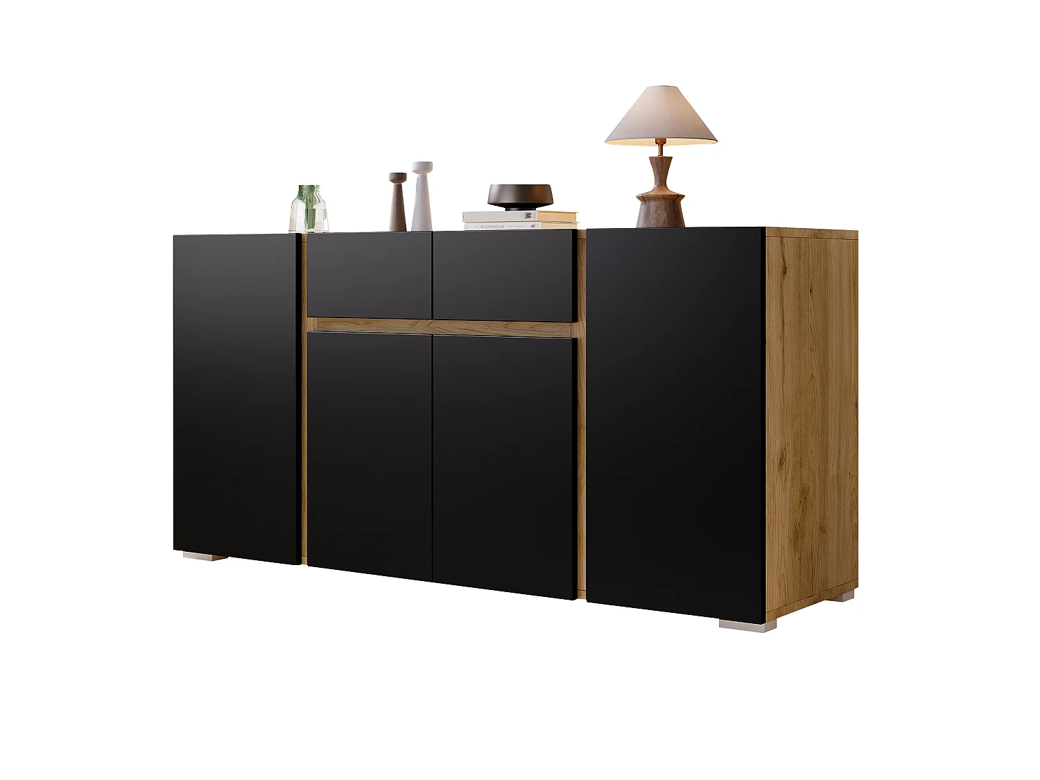 Laag dressoir met 4 deuren, 2 lades en verstelbare planken - MDF - 140 x 35 x 70 cm - Zwart en naturel hout