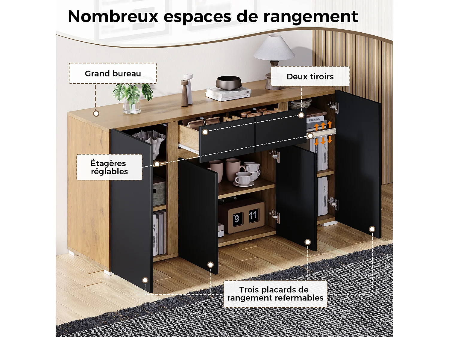 Laag dressoir met 4 deuren, 2 lades en verstelbare planken - MDF - 140 x 35 x 70 cm - Zwart en naturel hout