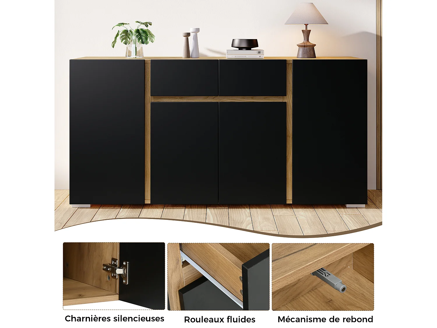 Laag dressoir met 4 deuren, 2 lades en verstelbare planken - MDF - 140 x 35 x 70 cm - Zwart en naturel hout