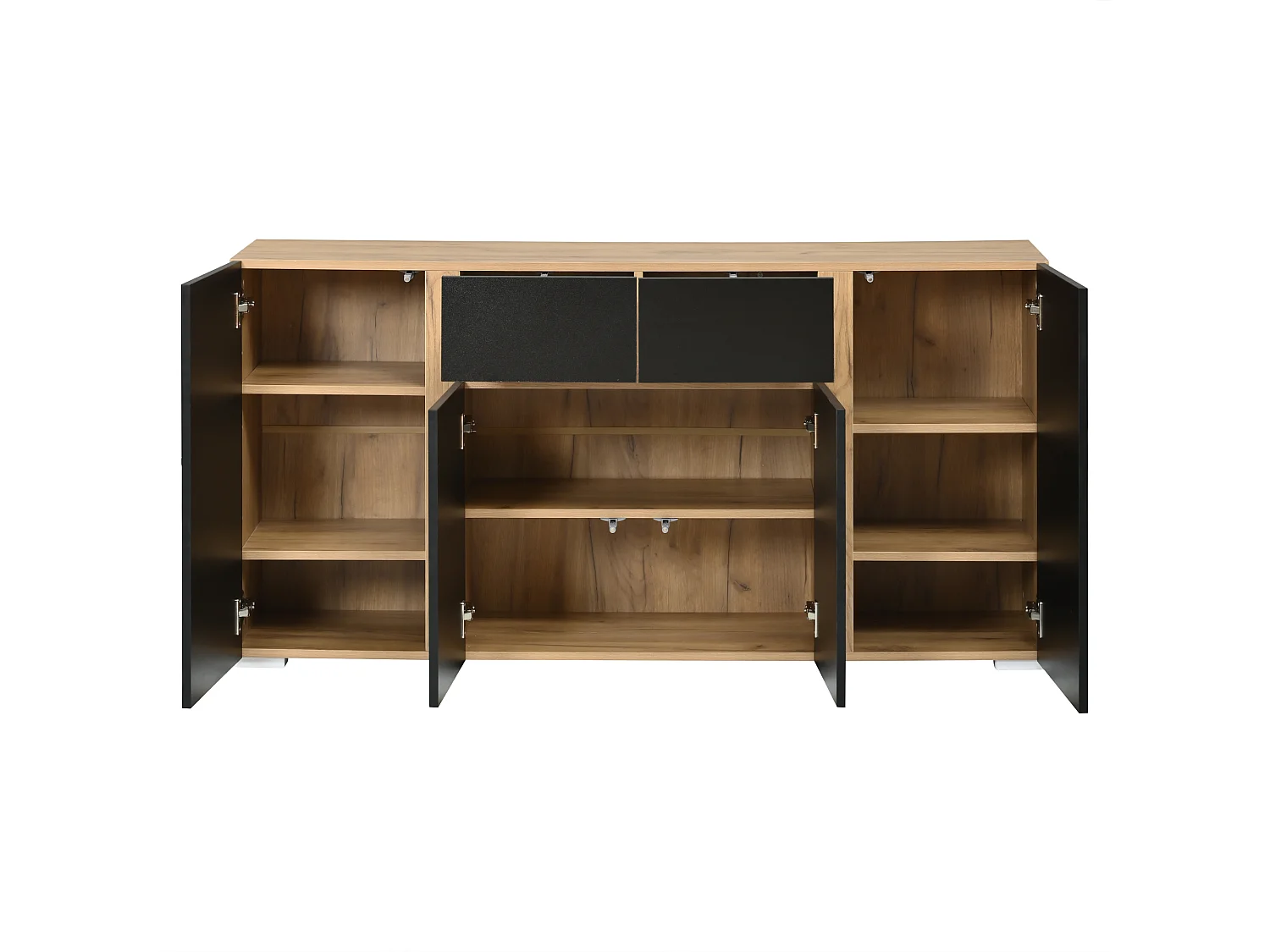 Laag dressoir met 4 deuren, 2 lades en verstelbare planken - MDF - 140 x 35 x 70 cm - Zwart en naturel hout